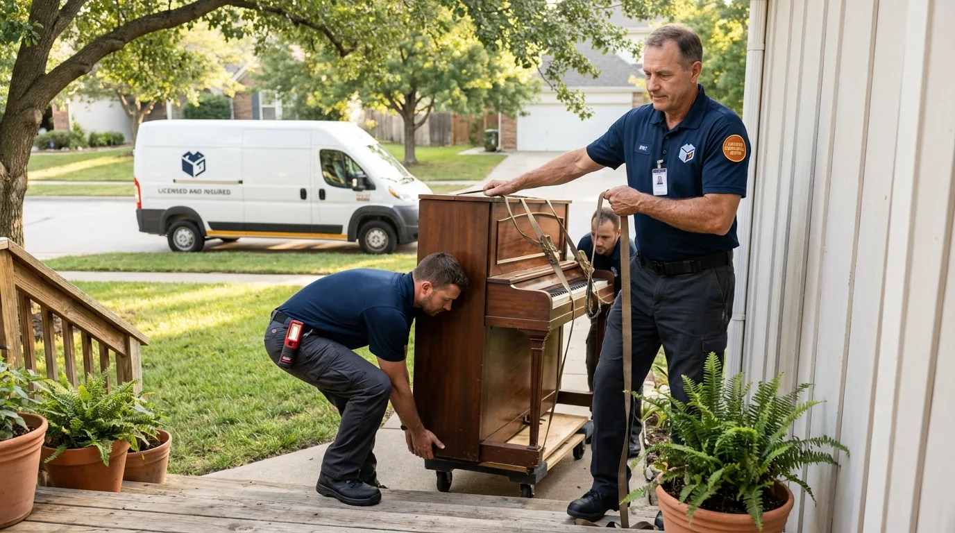 Licensed piano movers securing grand piano in Warrenton, VA